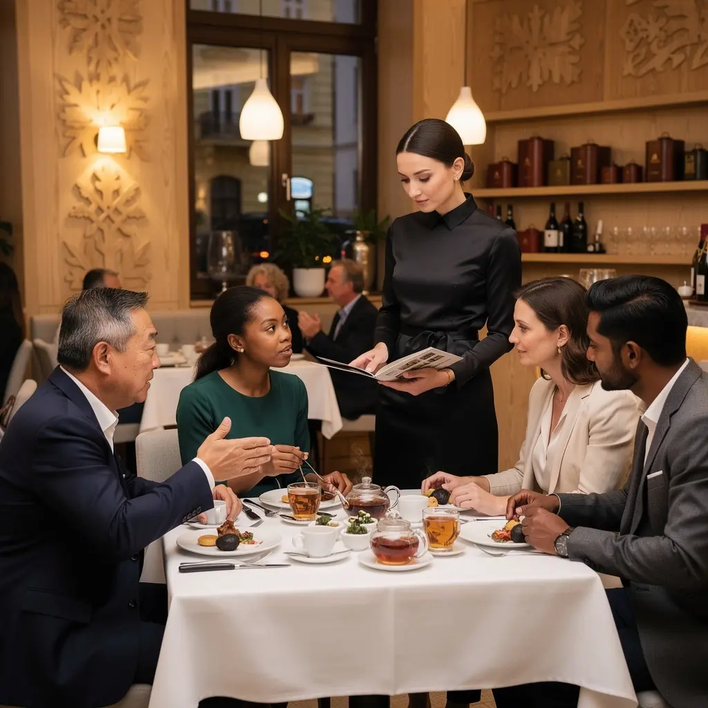 Záber na čajovú plantáž s kopcami a starými čajovníkmi.