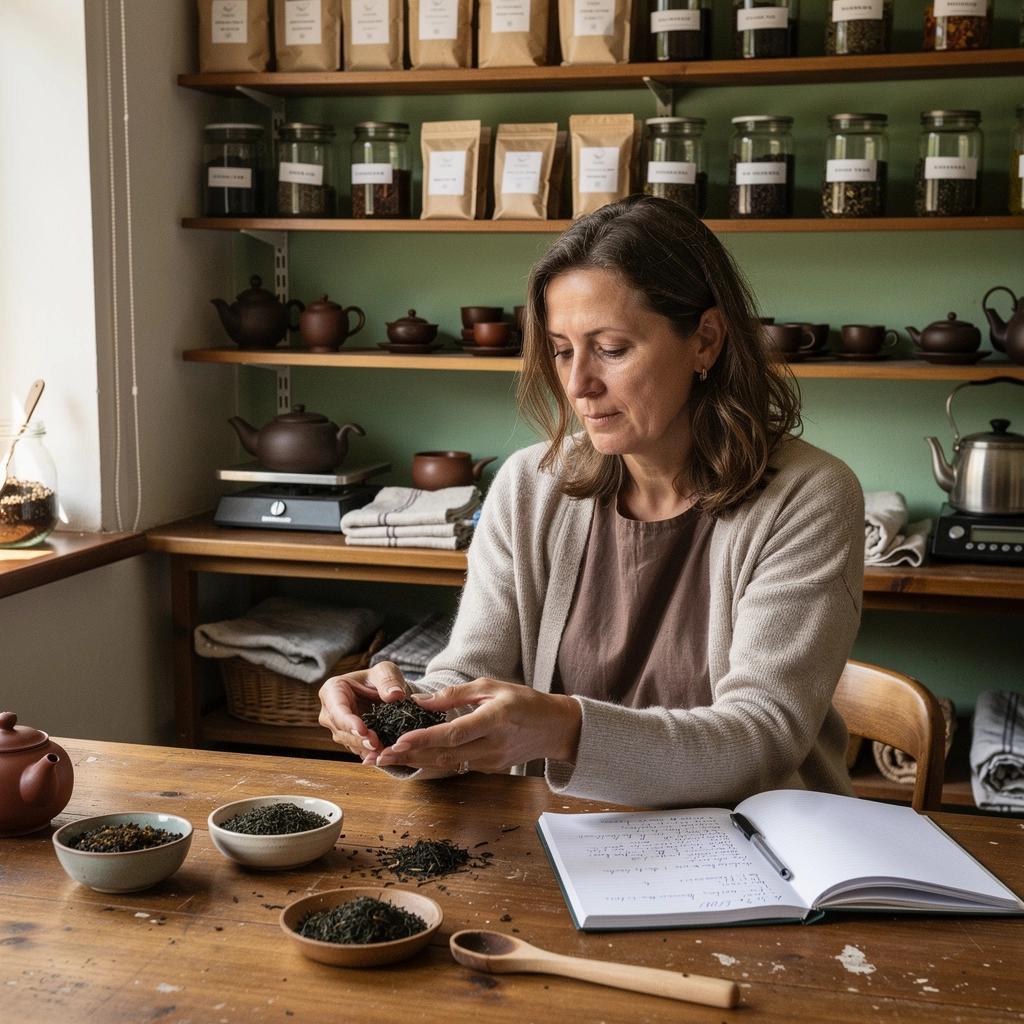 Detailná fotografia sušených listov pu-erh čaju so zlatými odtieňmi